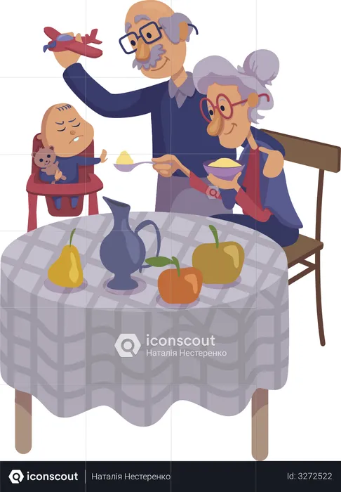Grandparents feeding baby  Illustration