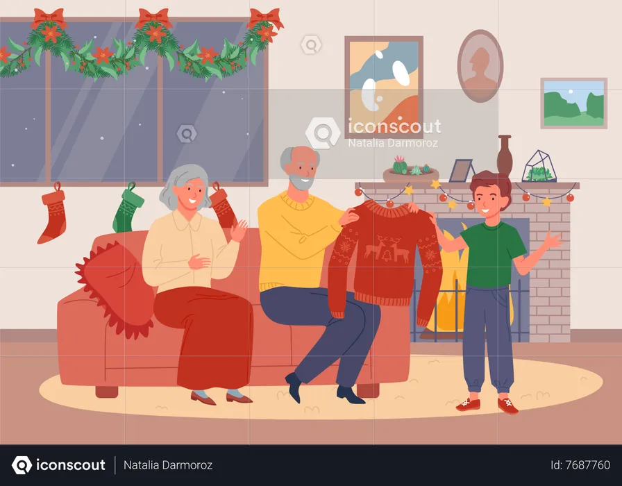 Grandparents gifting wool shirt to kid on christmas  Illustration