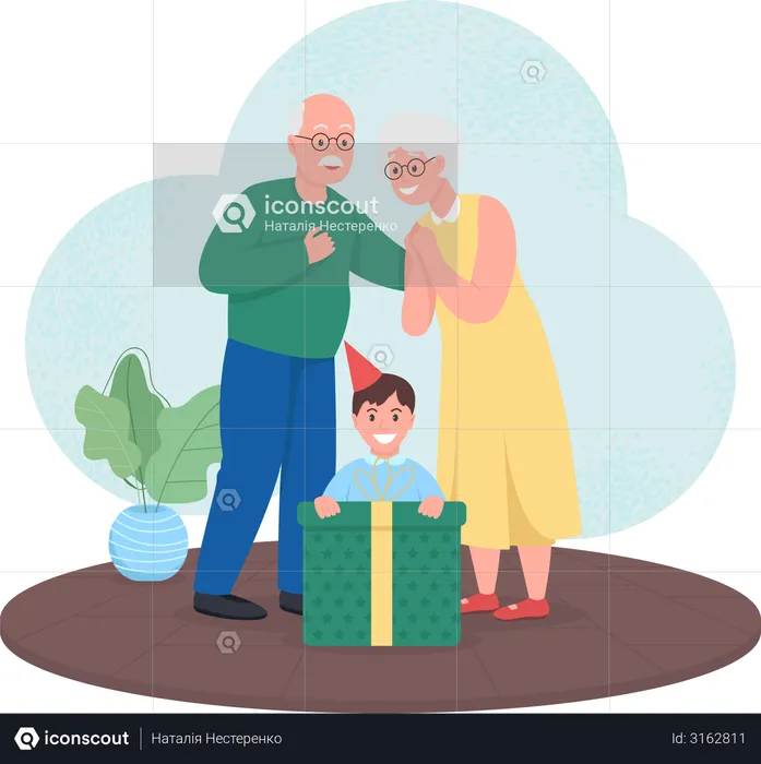 Grandparents giving gift to grandson  Illustration