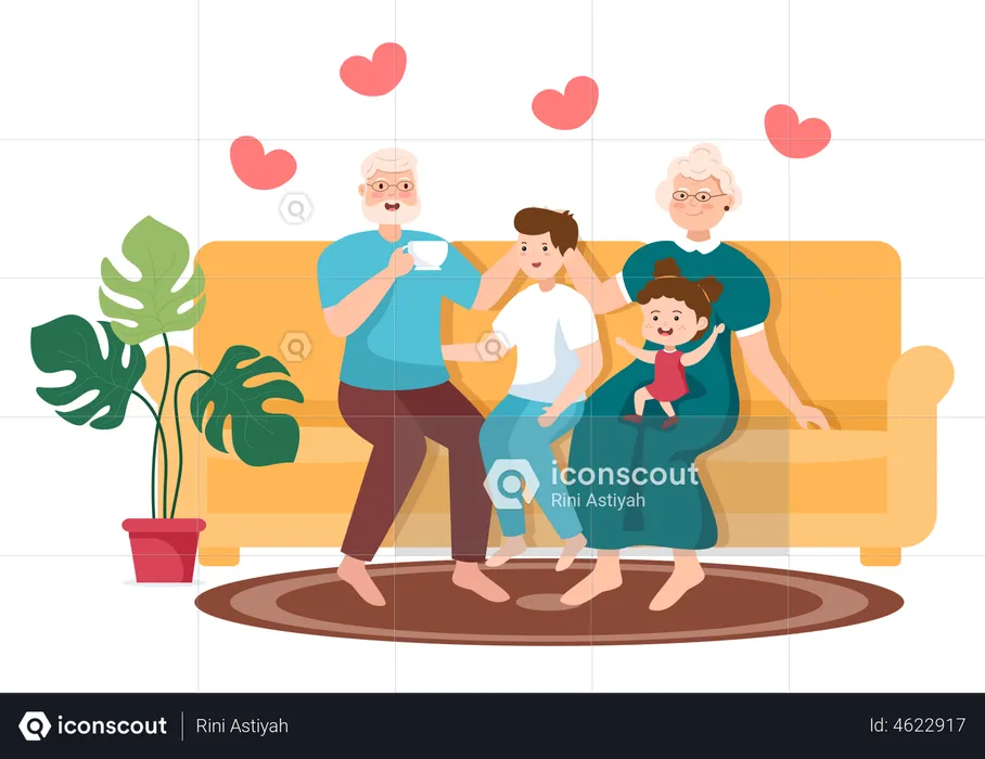 Grandparents sitting together with kids  Illustration