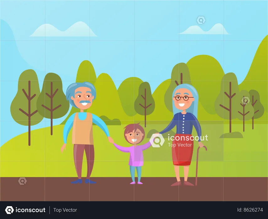 Grandparents walking in park with grandson  Illustration