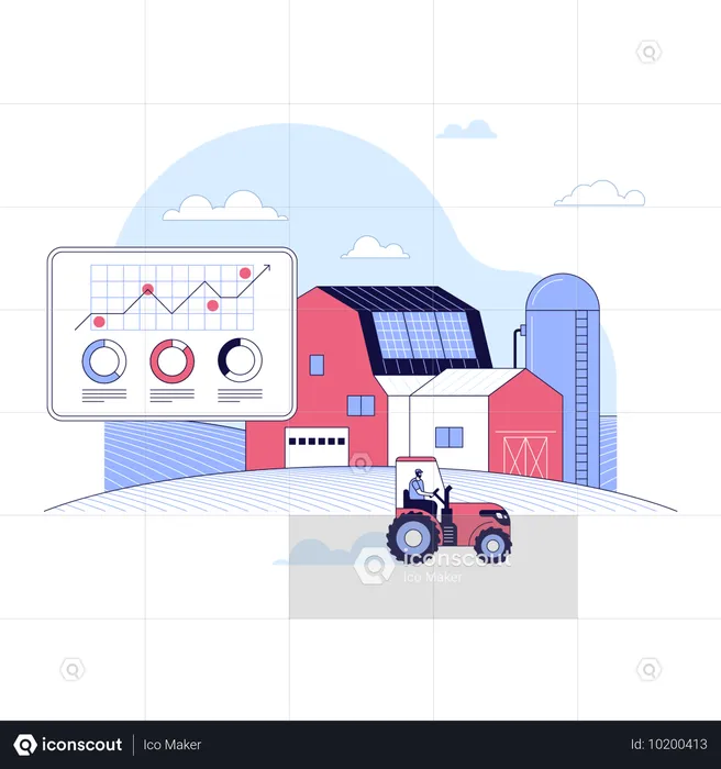 Granja inteligente que muestra un informe de datos de la granja mediante un panel de control  Ilustración