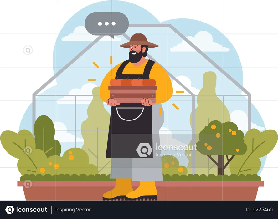 Agricultor cultivando manzanas en una granja en terrazas.  Ilustración