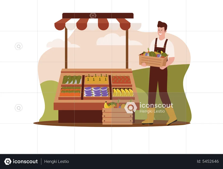 Agricultor vendiendo productos agrícolas.  Ilustración