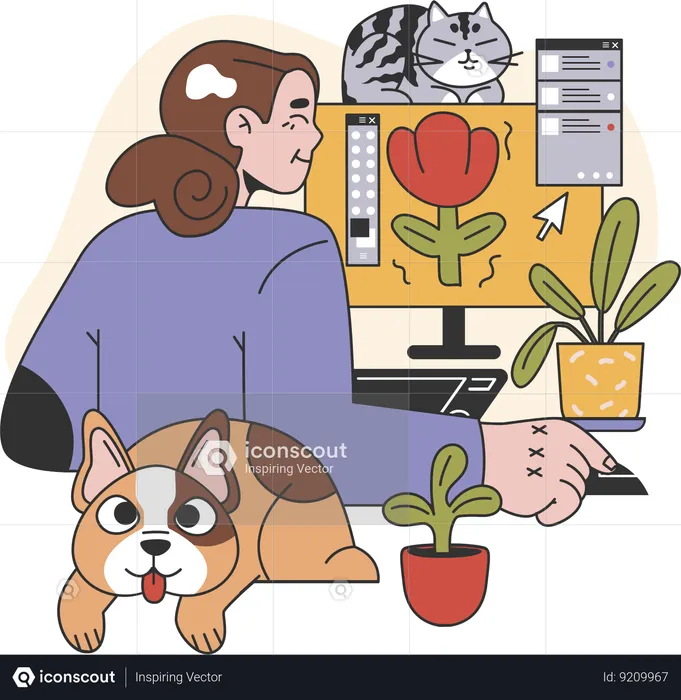 Graphic designer working on computer with dog  Illustration