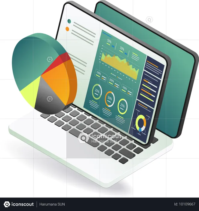 Graphique à secteurs sur l'écran d'un ordinateur portable expliquant les informations statistiques  Illustration