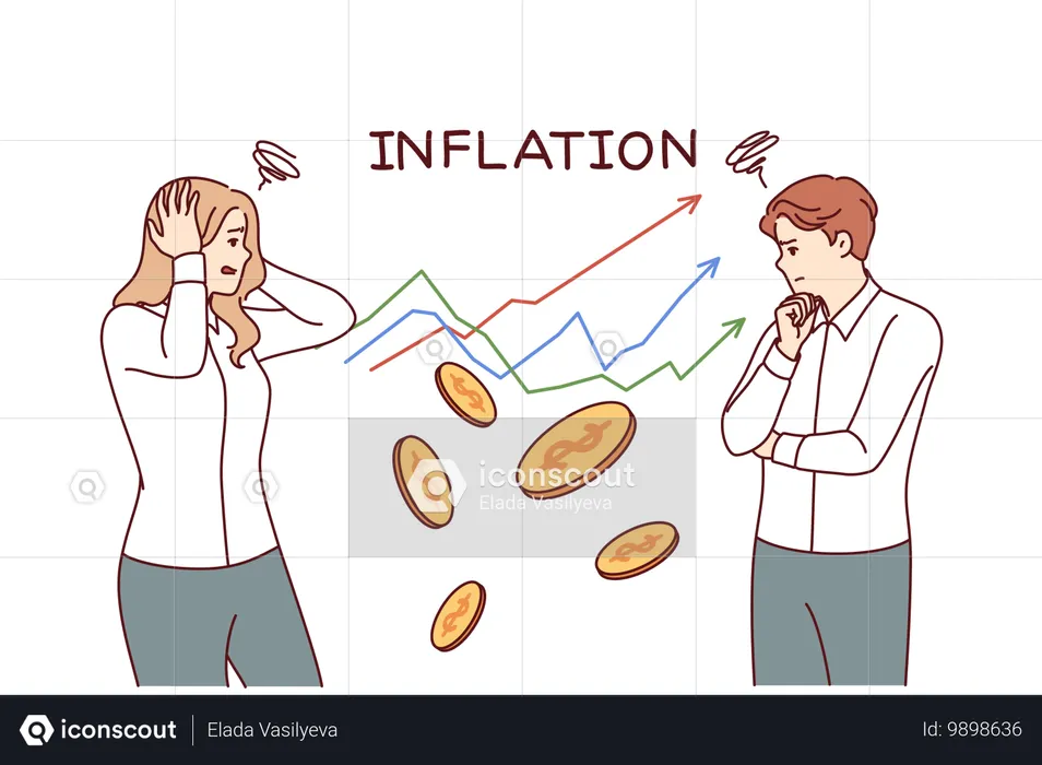 Graphique de l'inflation près des hommes d'affaires souffrant de dépréciation de l'argent et ayant besoin de subventions  Illustration