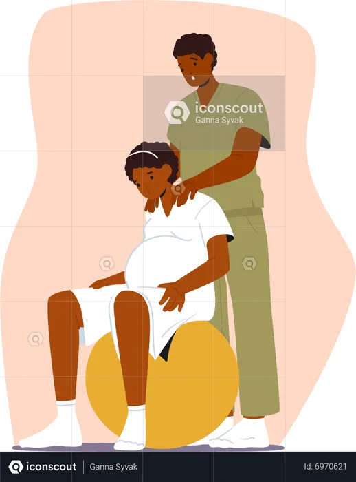 Gravid Woman And Her Spouse Using Fitness Ball To Prepare For Childbirth In Clinic  Illustration