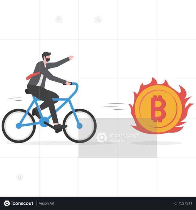 Greedy businessman investor chasing try to catch hot fire flying bitcoin  Illustration