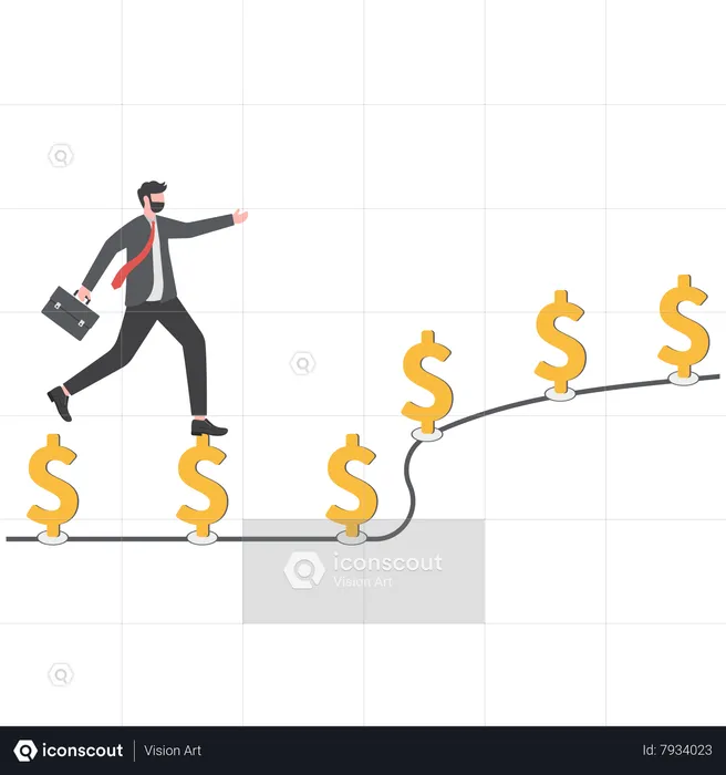 Greedy businessman running to grab money coin trail  Illustration