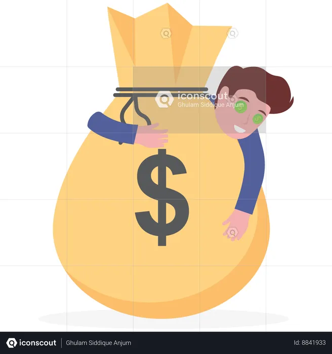 Greedy businessman with dollar eyes hugging money bag  Illustration