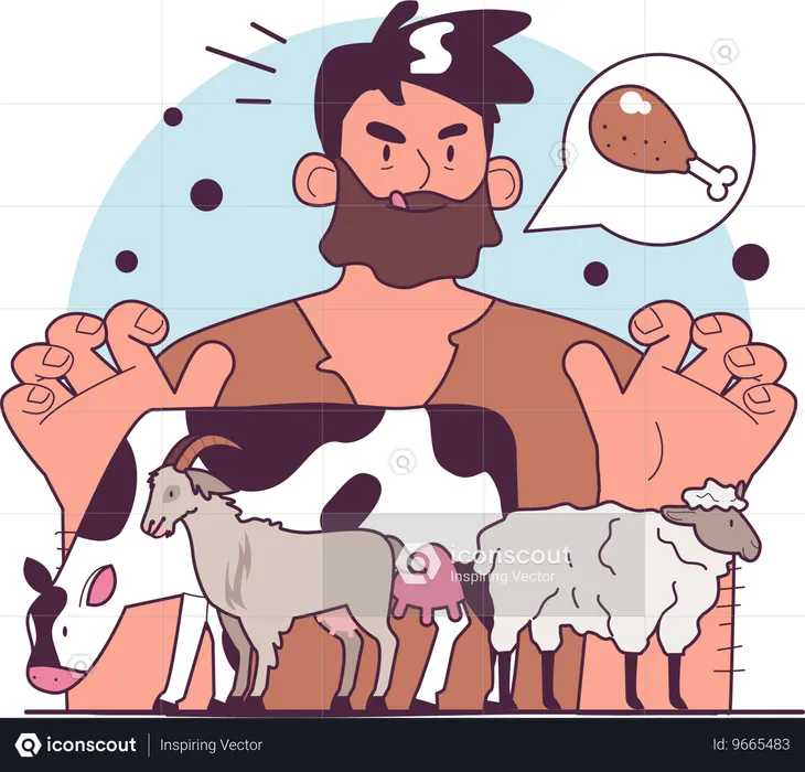 Greedy peasant thinking about stealing animal for meat  Illustration