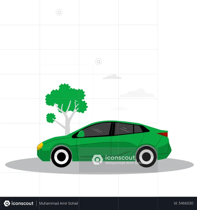 Green car parked near tree  Illustration
