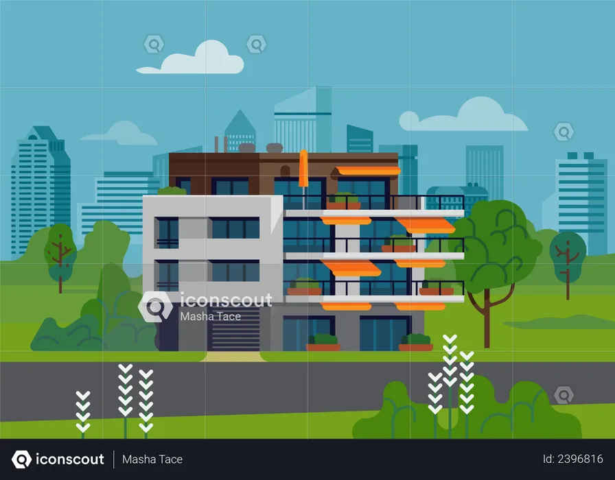 Green urban environment landscape with apartment building  Illustration