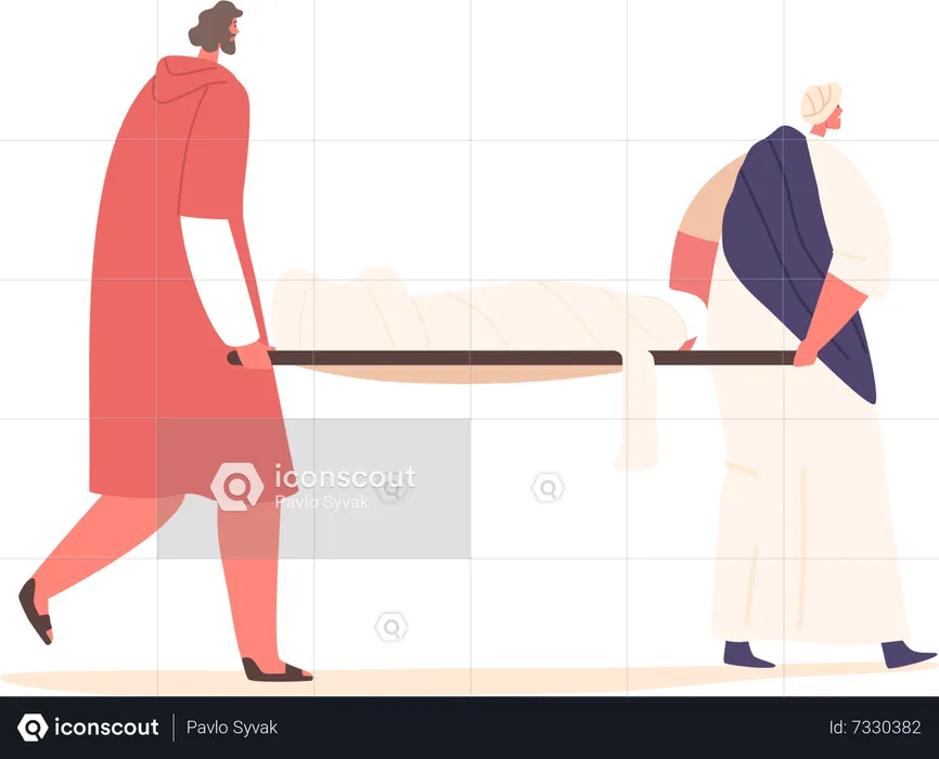 Grieving Apostle Characters Tenderly Bear The Lifeless Body Of Jesus on Stretchers  Illustration