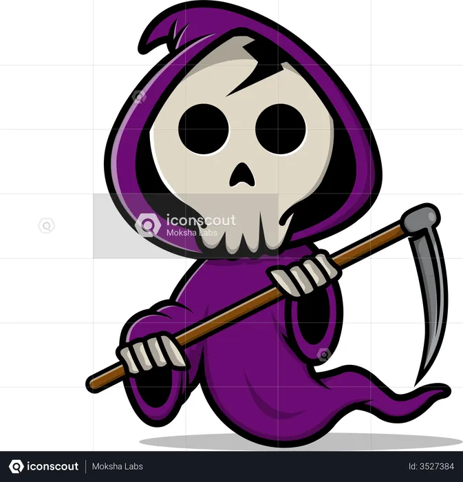 Premium Vector  Cute grim reaper holding scythe cartoon icon illustration  wake up