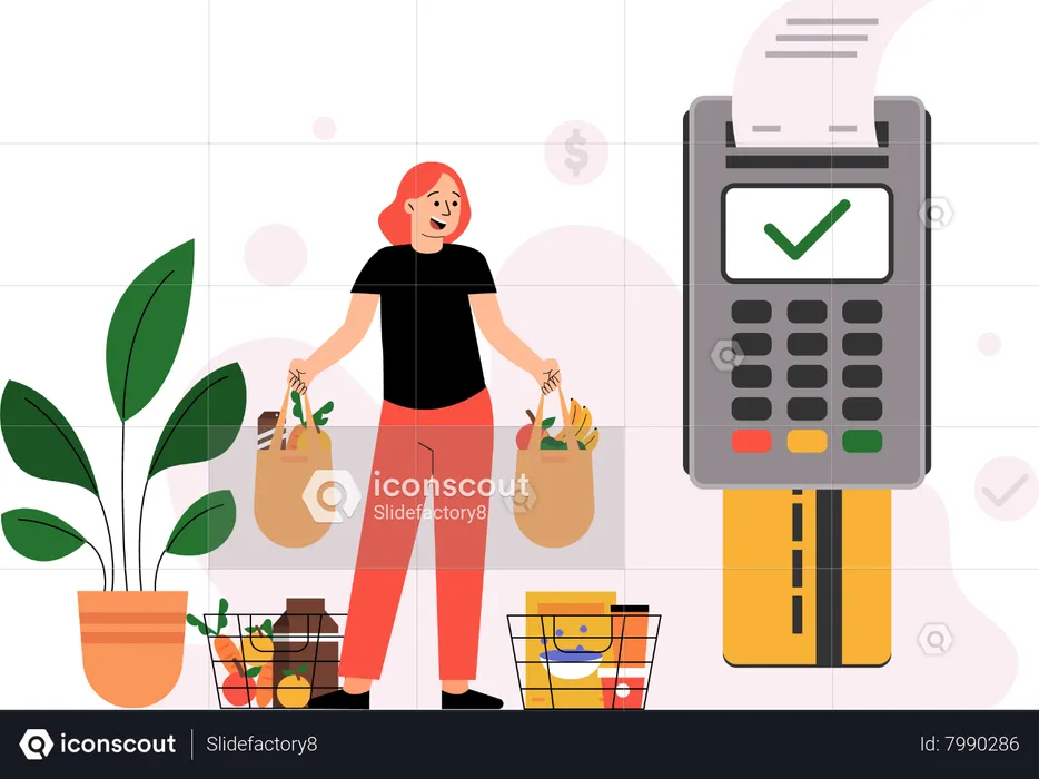 Grocery shopping payment using POS machine  Illustration