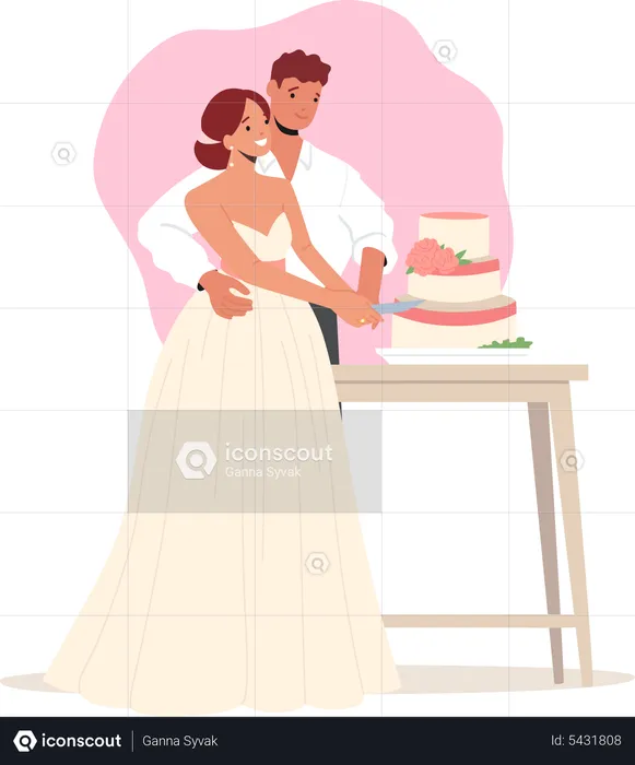 Groom and Bride Cut Cake during Wedding Ceremony  Illustration