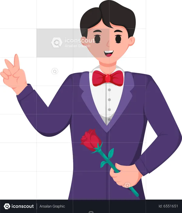 Groom with Rose Flower while showing victory hand  Illustration