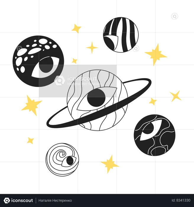 Groovy planets with eyeball  Illustration