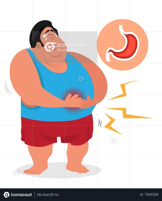 Gros homme souffrant de maux d'estomac, gastrite, maladie gastro-intestinale due au fait de ne pas manger de nourriture à temps  Illustration