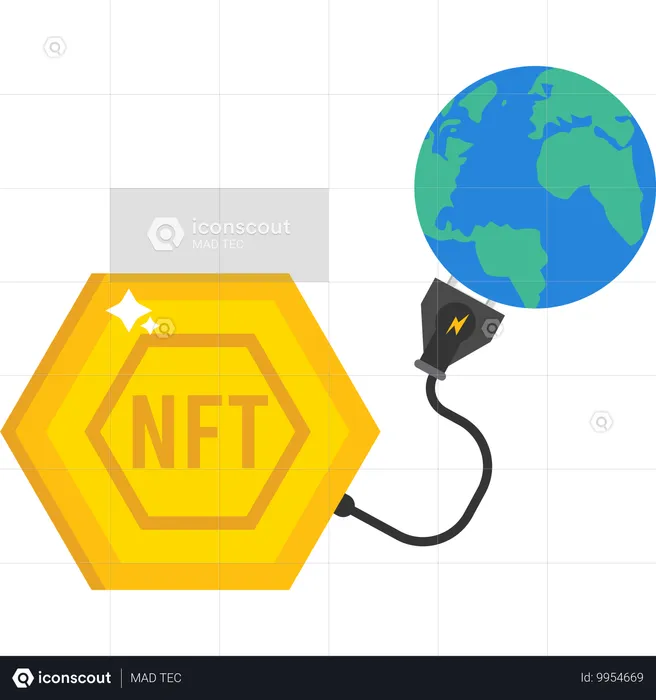 Gros jeton NFT avec prise électrique aspirant l'énergie de la planète Terre  Illustration