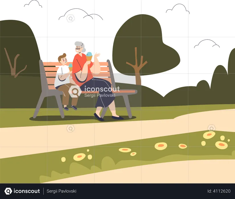 Großmutter sitzt mit Kind im Sommerpark  Illustration