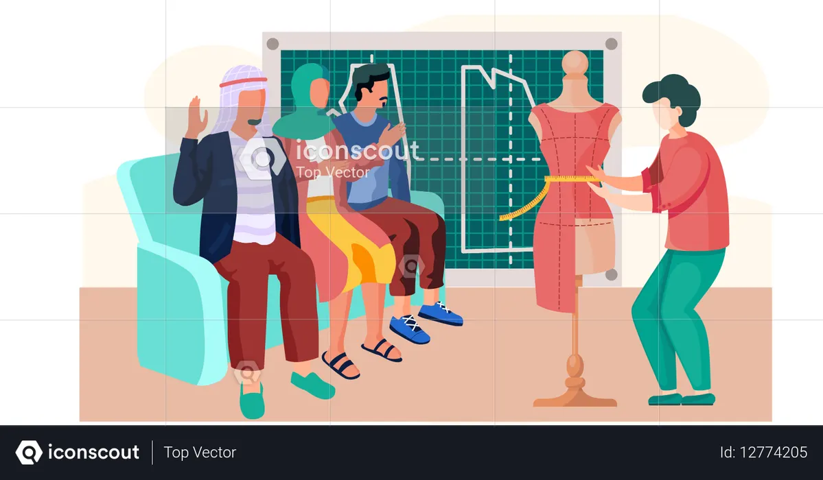 Group of arab people discussing with tailor  Illustration