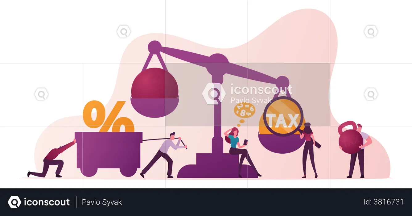 Group Of Business People Near Scales With Tax And Money Weight  Illustration