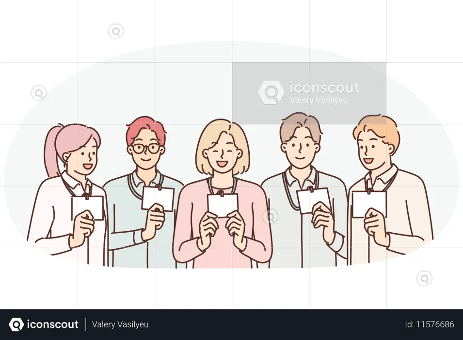 Group of business people with badges working in same department of large corporation  Illustration
