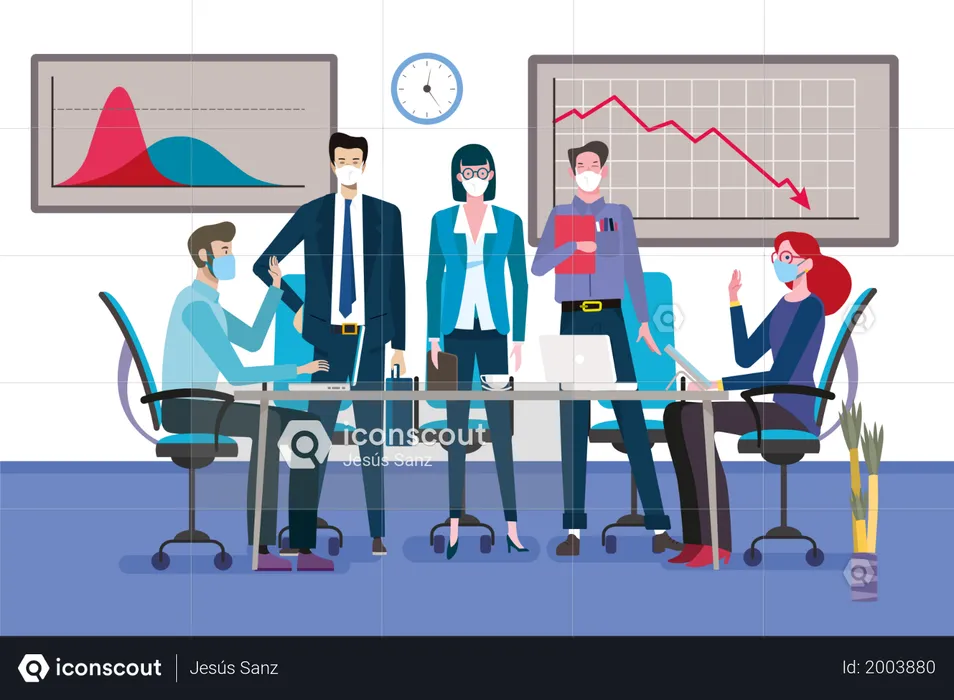 Group of businessmen and women as teamwork standing around a meeting table with face mask.  Illustration