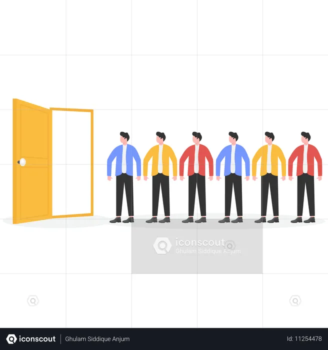 Group of businessmen standing inside open door and waiting in line  Illustration