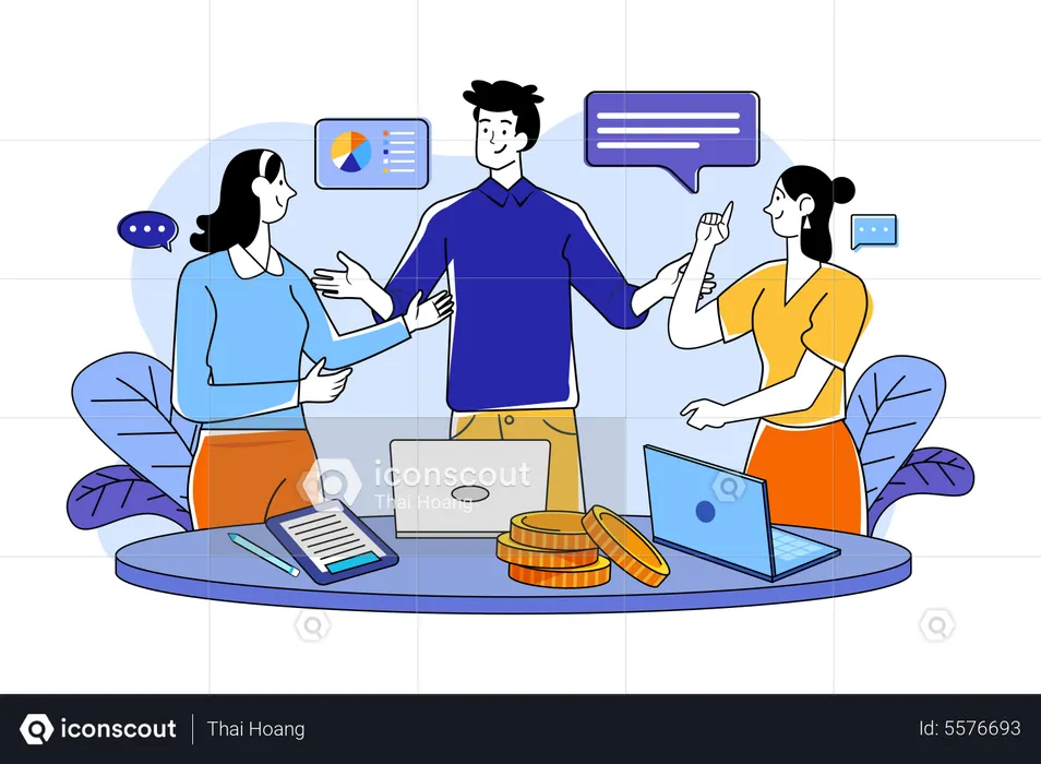 Group of employees discussing work at the desk  Illustration