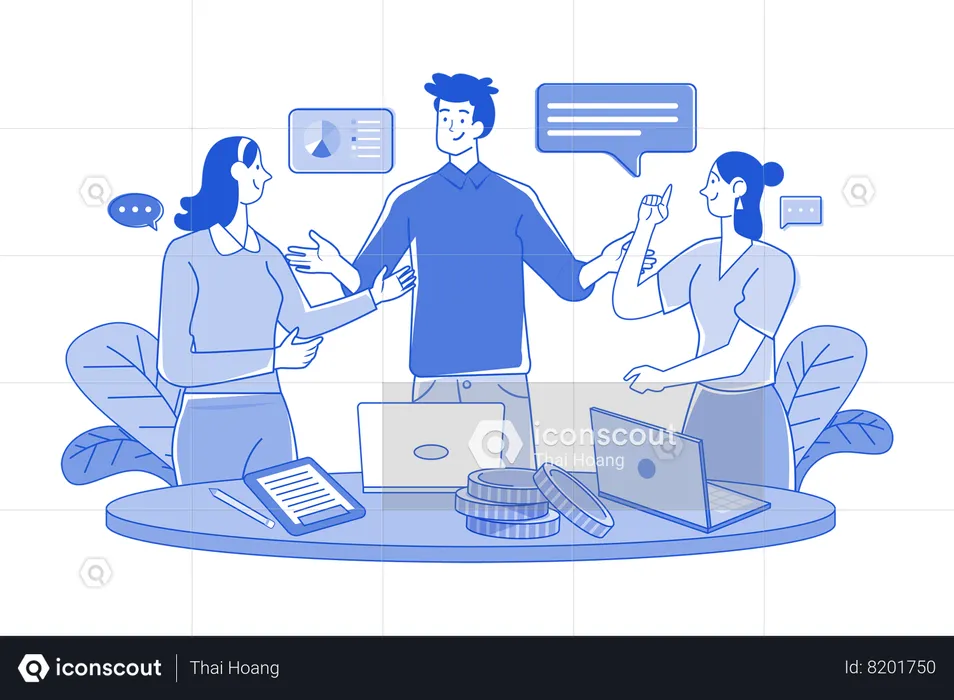 Group Of Employees Discussing Work At The Desk  Illustration