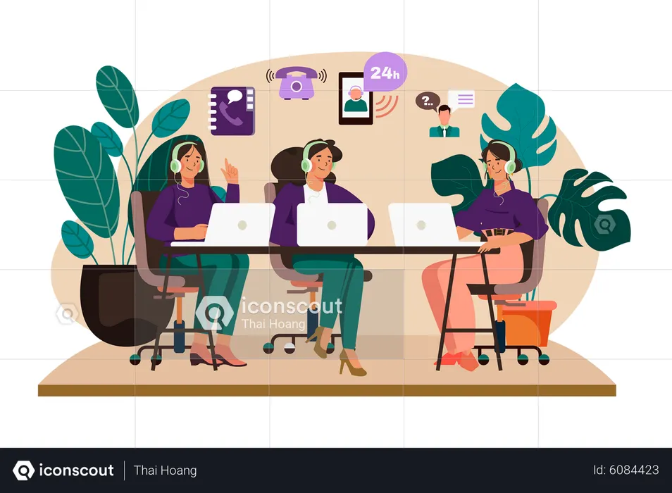 Group of Female Operators Working at Call Center  Illustration