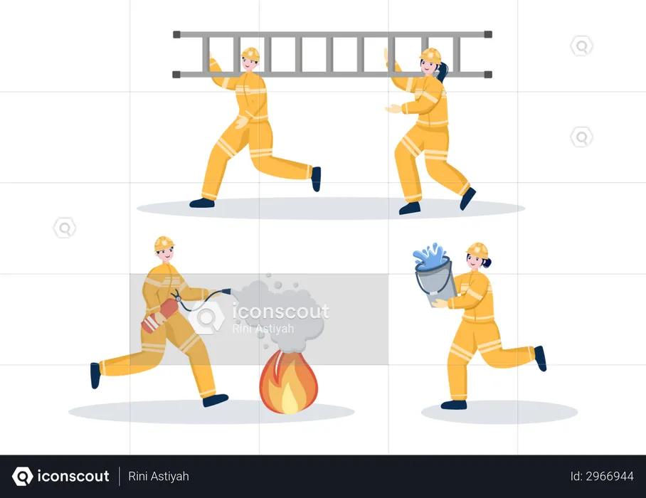 Group of Firefighters Dealing with fire emergency  Illustration