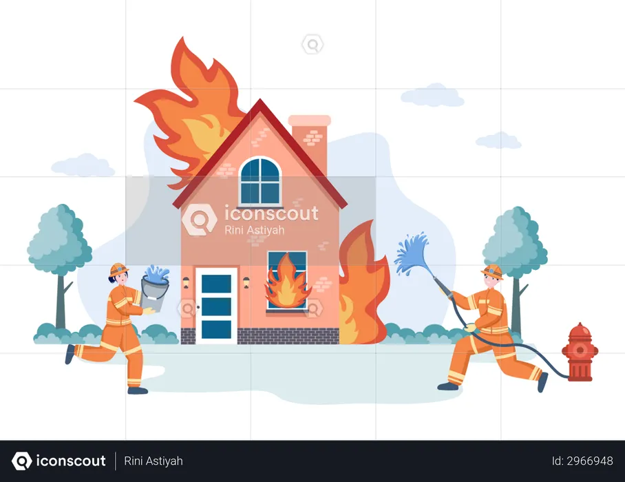 Group of Firefighters Dealing with fire emergency on house  Illustration