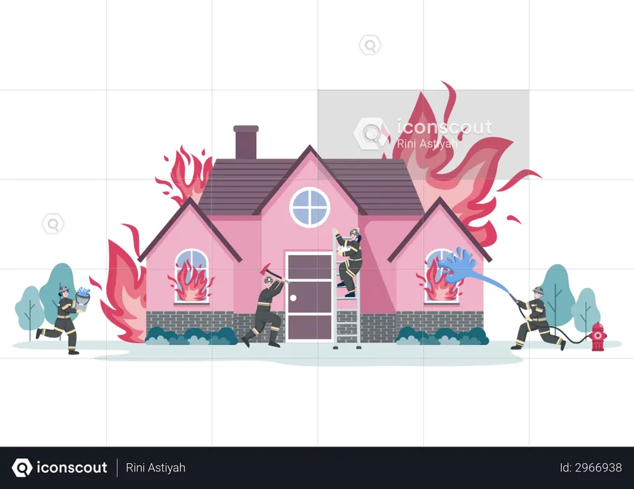 Group of Firefighters Dealing with fire emergency on house  Illustration