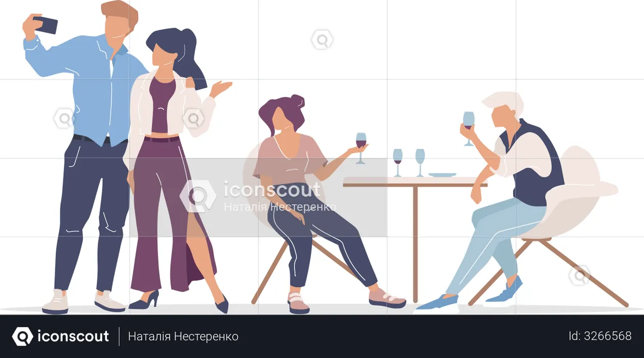 Group of friends at restaurant  Illustration