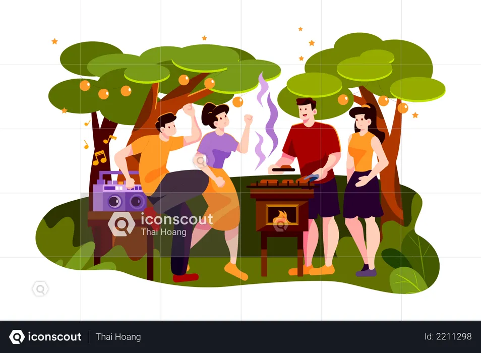 Group of friends dancing at outdoor barbecue party  Illustration