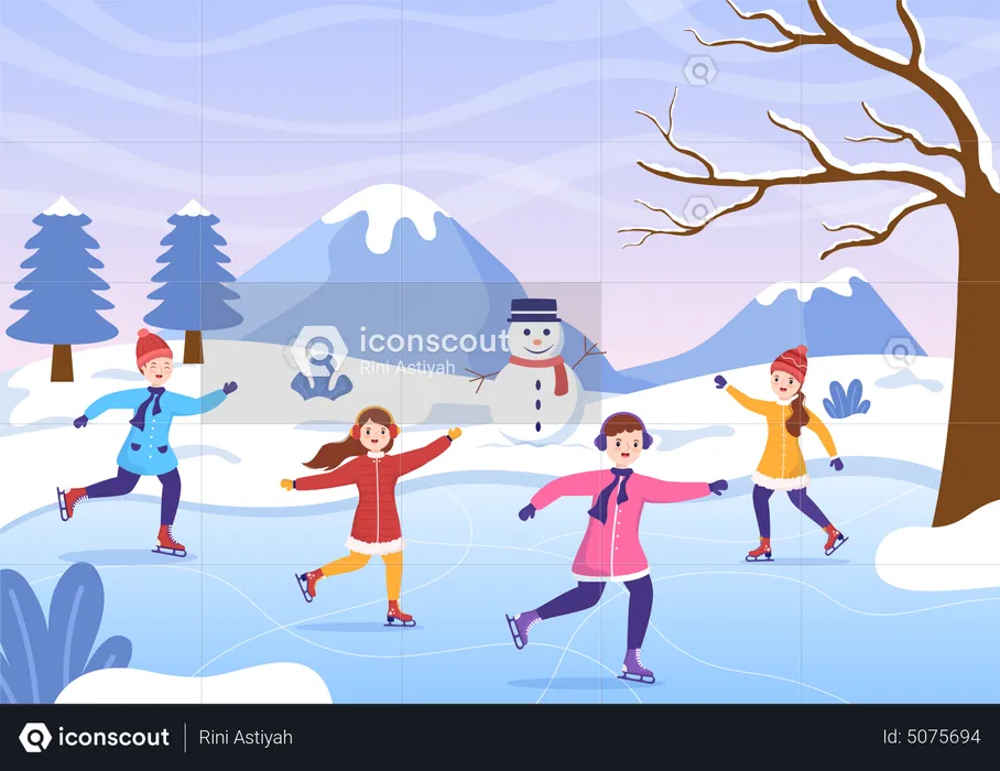 Group of friends doing ice skating at frozen lake  Illustration