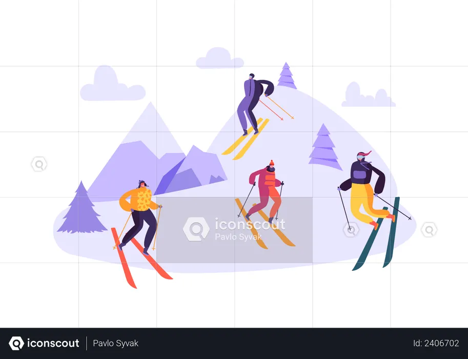 Group of friends enjoying skiing  Illustration