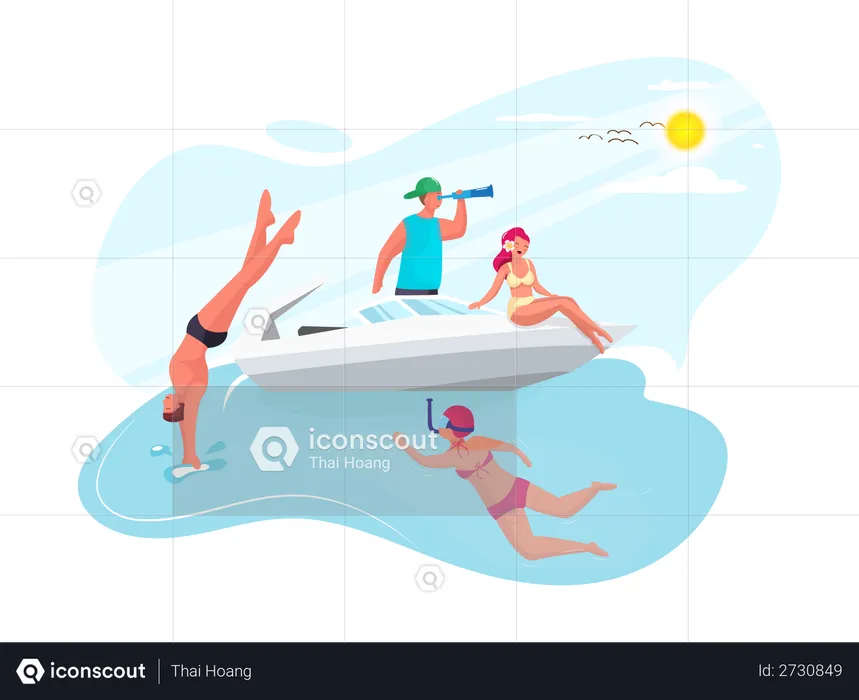 Group of friends swimming in sea  Illustration