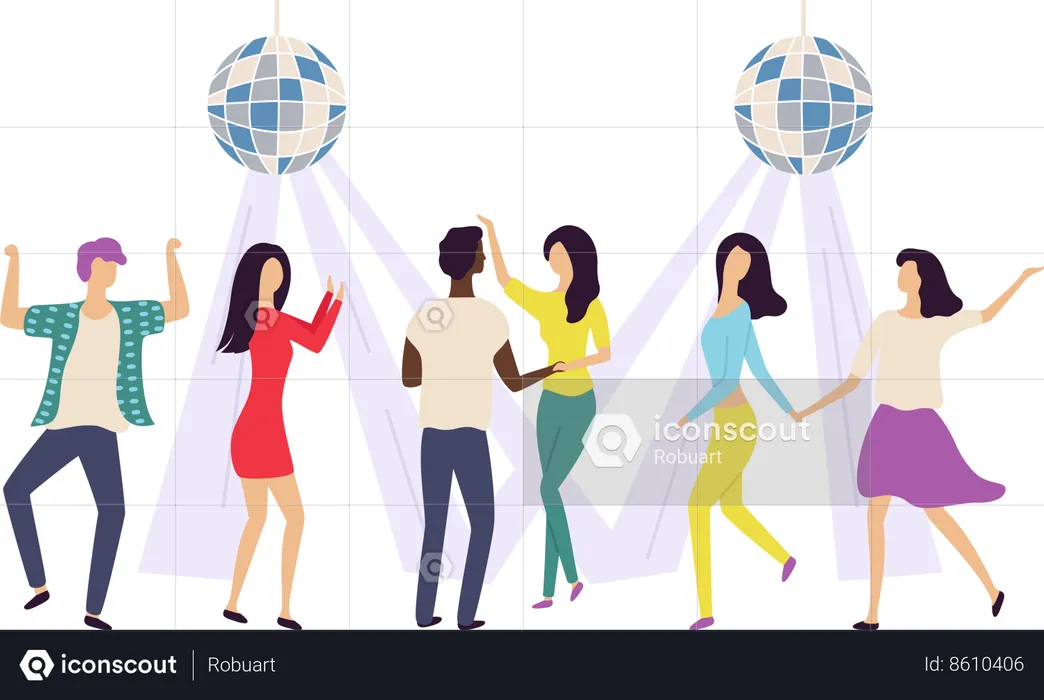Group of friends while dancing in nightclub with disco ball  Illustration