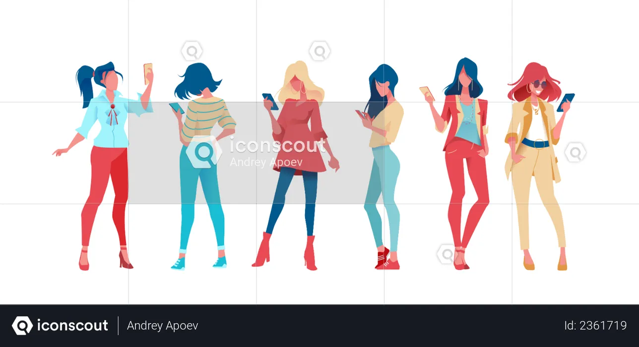 Group of girls using mobile  Illustration