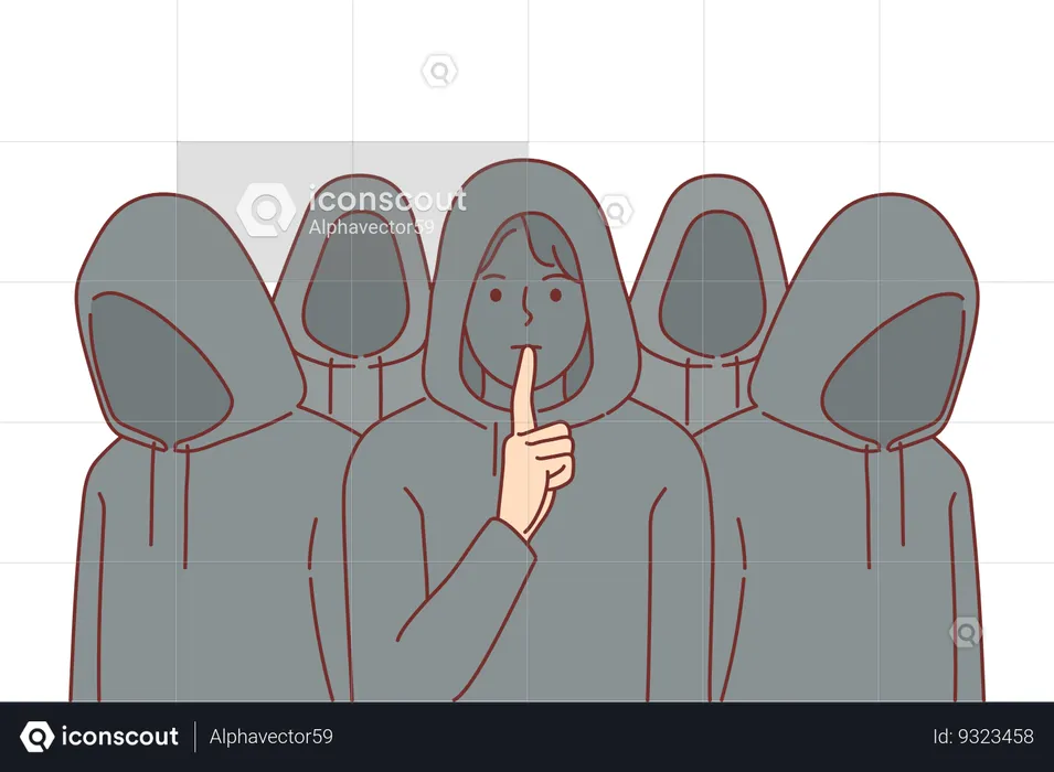 Group of hackers in hoods makes silent gesture trying to commit cyber crimes without unnecessary noise  Illustration