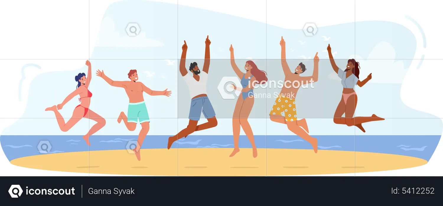 Group of Happy Young People celebrate beach party  Illustration