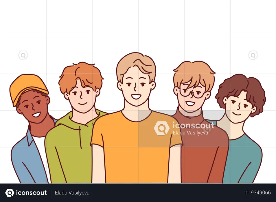 Group of high school guys smile and look at screen for concept of multi-ethnic society  Illustration