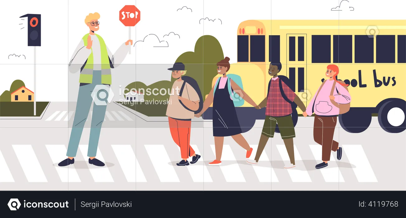 Group of kids crossing road on crosswalk  Illustration