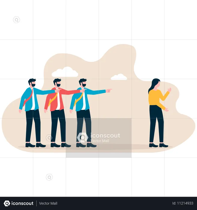 Group of male businessmen pointing at a business woman  Illustration